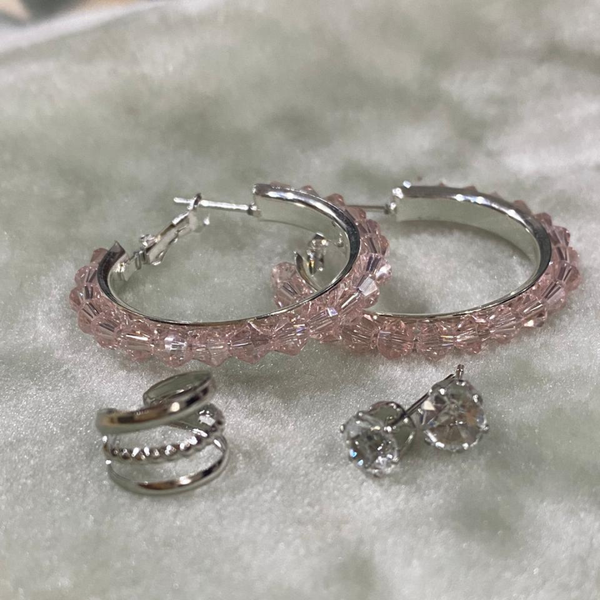 Pink Crystal Beaded Hoops with Tops & Ear Cuff