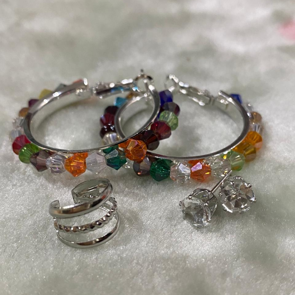 Multi Color Crystal Beaded Hoop with Tops & Ear cuff