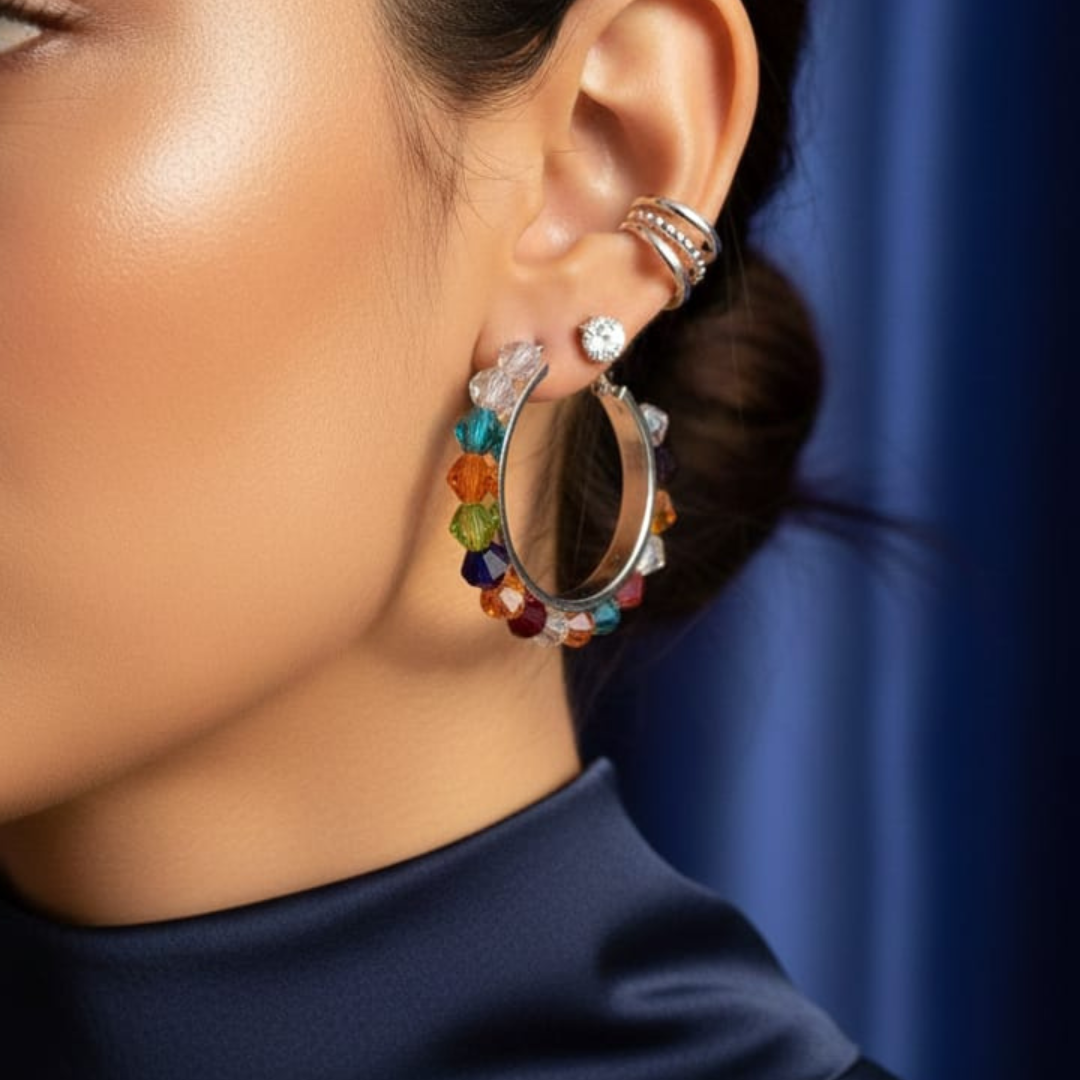 Multi Color Crystal Beaded Hoop with Tops & Ear cuff