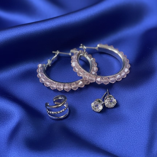 Silver Crystal Beaded Hoop with Tops & Ear cuff