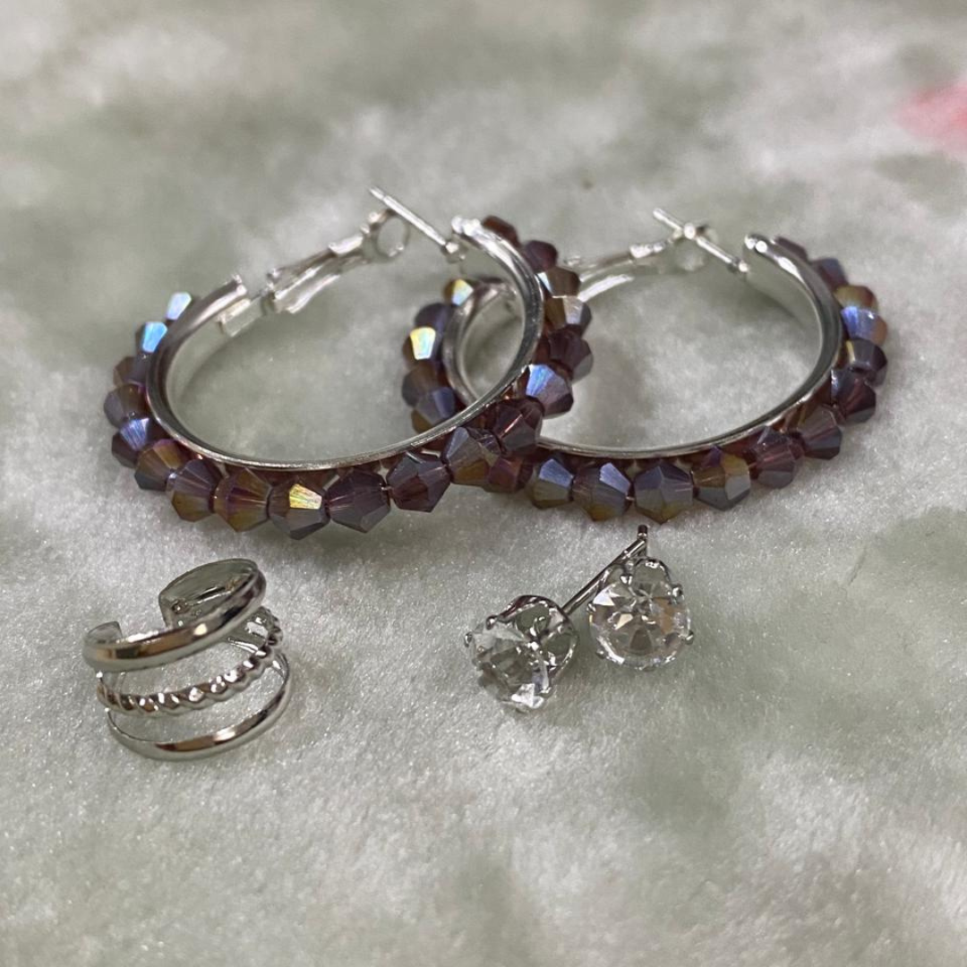 Purple Crystal Beaded Hoops with Tops & Ear cuff