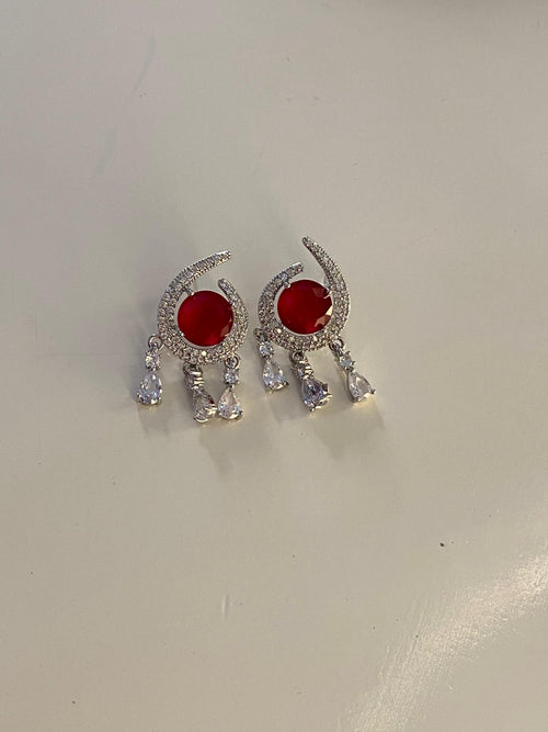 Cresent shape chandelier earrings with red stone