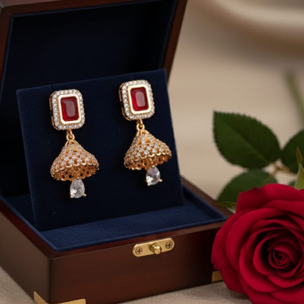 Jhumka Drop Earrings with Red Stone